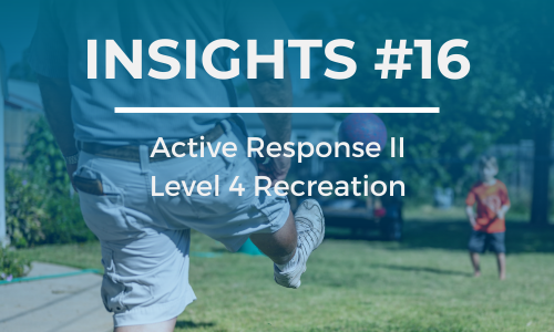 A man kicks a ball to a young boy in a backyard. The text overlay reads 'INSIGHTS #16' at the top and 'Active Response II Level 4 Recreation' below it, in white font against a blue background.