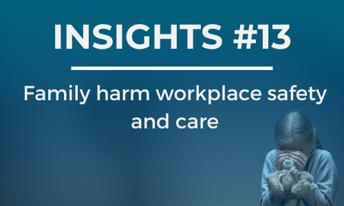 A young girl cowers in the corner holding a teddy. The text overlay reads 'INSIGHTS #13' at the top and 'Family harm workplace safety and care' below it, in white font against a blue background.