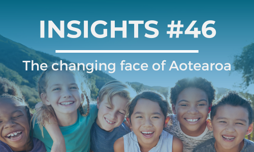 A group of kids of different ethnicities stand together smiling at the camera. Copy reads INSIGHTS #46 - The changing face of Aotearoa in white font on a blue tinted image