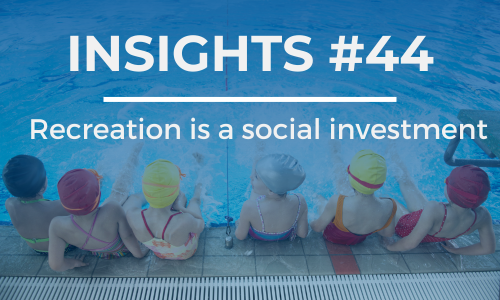 A group of children wearing brightly coloured swim caps and swimsuits sit on the edge of a swimming pool, their feet splashing in the water. The text overlay reads 'INSIGHTS #44' at the top and 'Recreation is a social investment' below it, in white font against a blue background