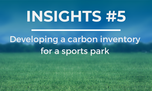 A sports field is shown. The text overlay reads 'INSIGHTS #6' at the top and 'Developing a carbon inventory for a sports park' below it, in white font against a blue background."