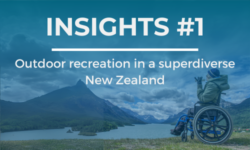 A man sits in a wheelchair on a hill overlooking a lake and mountains. The text overlay reads 'INSIGHTS #1' at the top and 'Outdoor recreation in a superdiverse New Zealand' below it, in white font against a blue background.