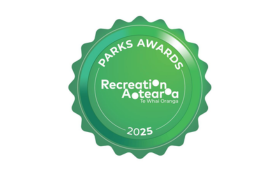 An image of an awards badge with the copy Parks Awards 2025 around the top and Recreation Aotearoa in the middle