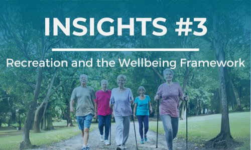 A group of elderly people walk through a park. The text overlay reads 'INSIGHTS #3' at the top and 'Recreation and the Wellbeing Framework' below it, in white font against a blue background.