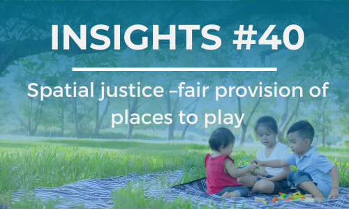 A group of three small children sit on a picnic blanket under a tree. The text overlay reads 'INSIGHTS #40' at the top and 'Spatial justice –fair provision of places to play?' below it, in white font against a blue background.