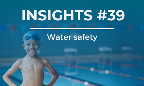 A boy wearing a swimming cap stands proudly next to a pool. The text overlay reads 'INSIGHTS #39' at the top and 'Water safety' below it, in white font against a blue background.