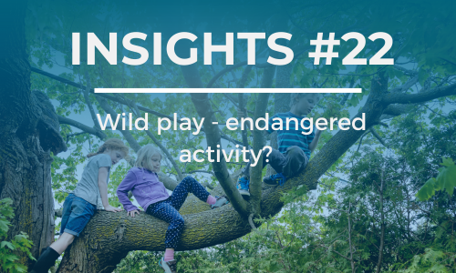 Three kids climb a tree, one is sitting on a branch. The text overlay reads 'INSIGHTS #22' at the top and 'Wild play - endangered activity?' below it, in white font against a blue background.