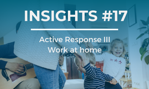 A family dance around the living room, a man playing the guitar. The text overlay reads 'INSIGHTS #17' at the top and 'Active Response III Work at home' below it, in white font against a blue background.